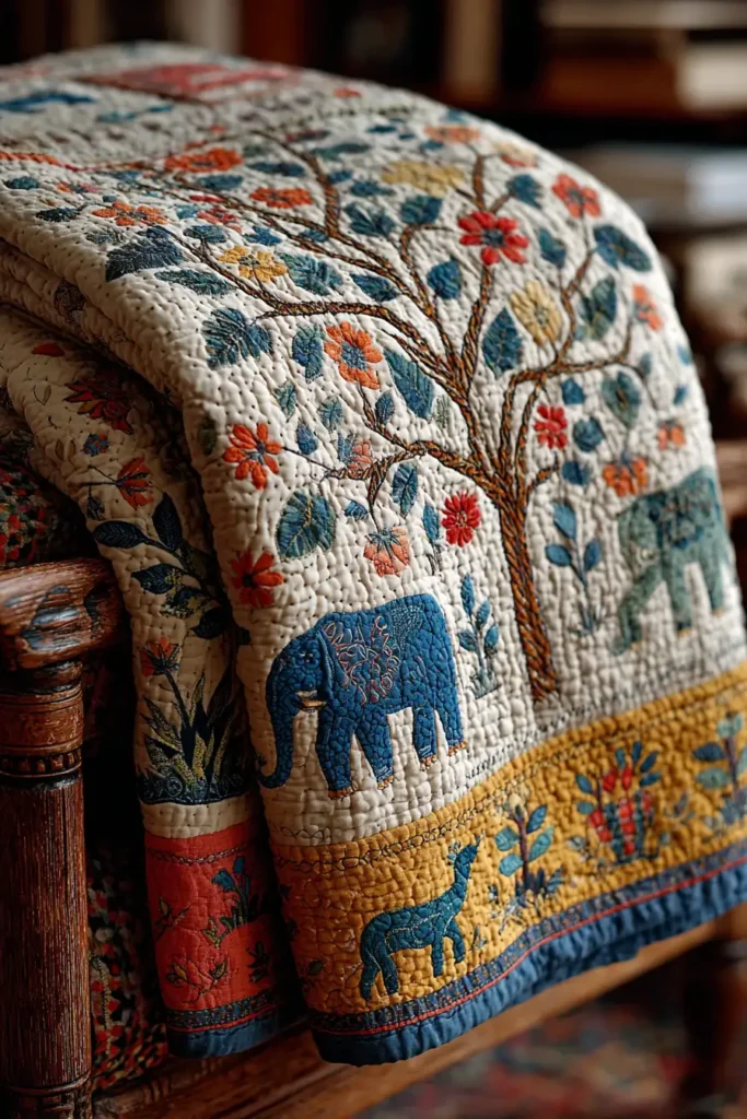 Cozy Running Stitch Nakshi Kantha Quilts Depicting Charming Rural Life Scenes