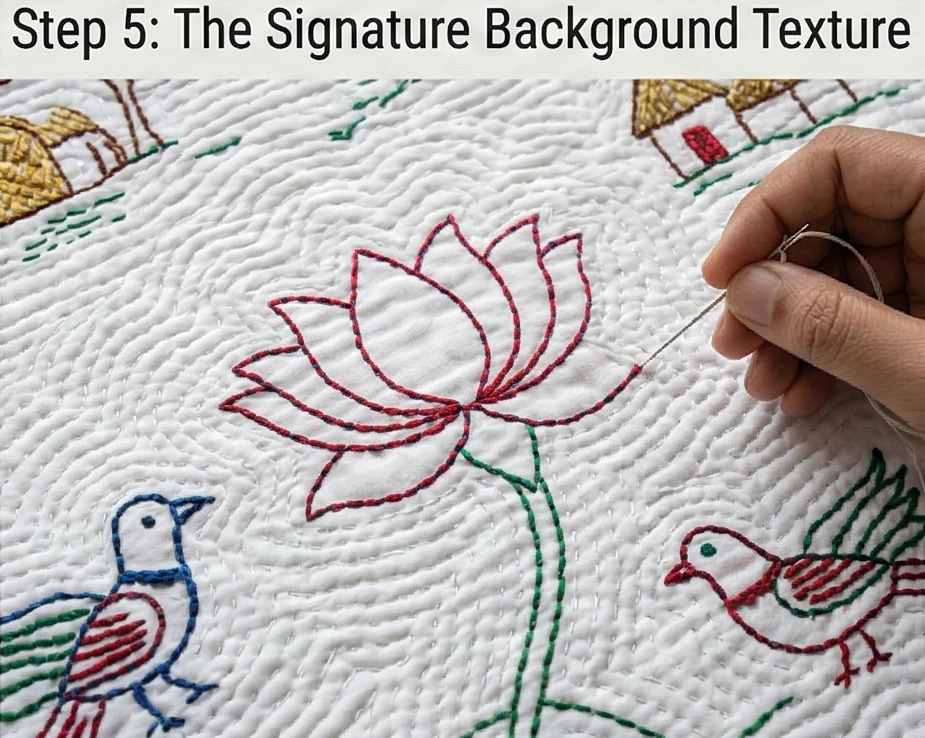 Cozy Running Stitch Nakshi Kantha Quilts Depicting Charming Rural Life Scenes