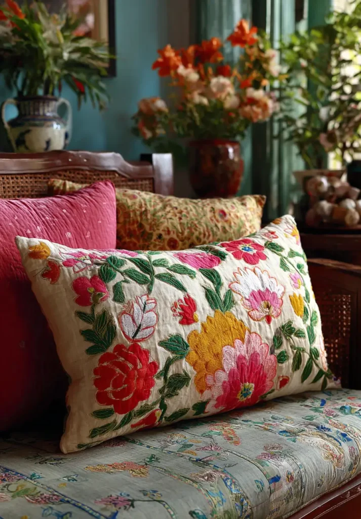 Decorative Running Stitch Nakshi Kantha Cushion Covers Inspired by Bengal Flower Markets