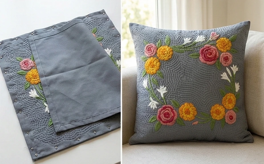 Decorative Running Stitch Nakshi Kantha Cushion Covers Inspired by Bengal Flower Markets