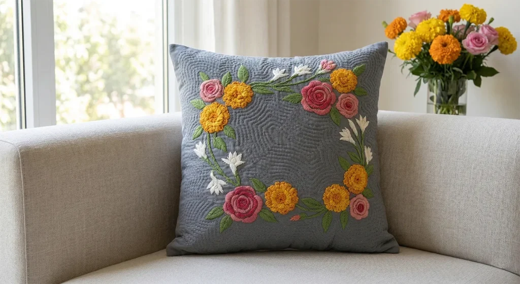 Decorative Running Stitch Nakshi Kantha Cushion Covers Inspired by Bengal Flower Markets