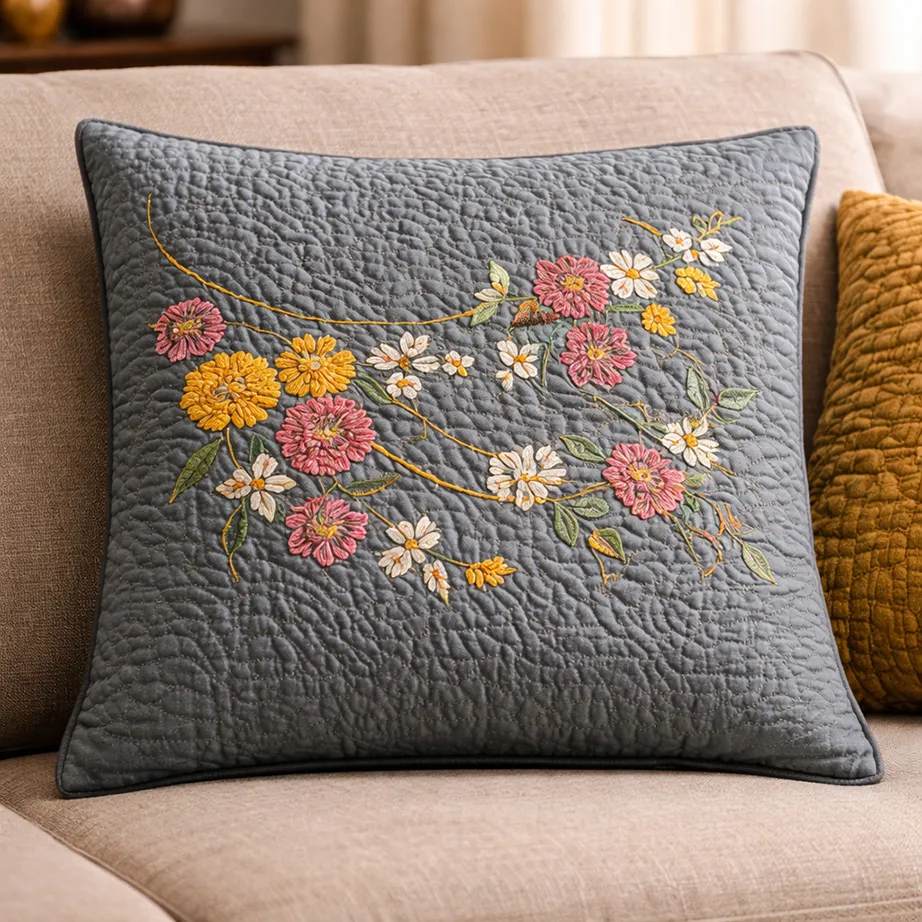 Decorative Running Stitch Nakshi Kantha Cushion Covers Inspired by Bengal Flower Markets