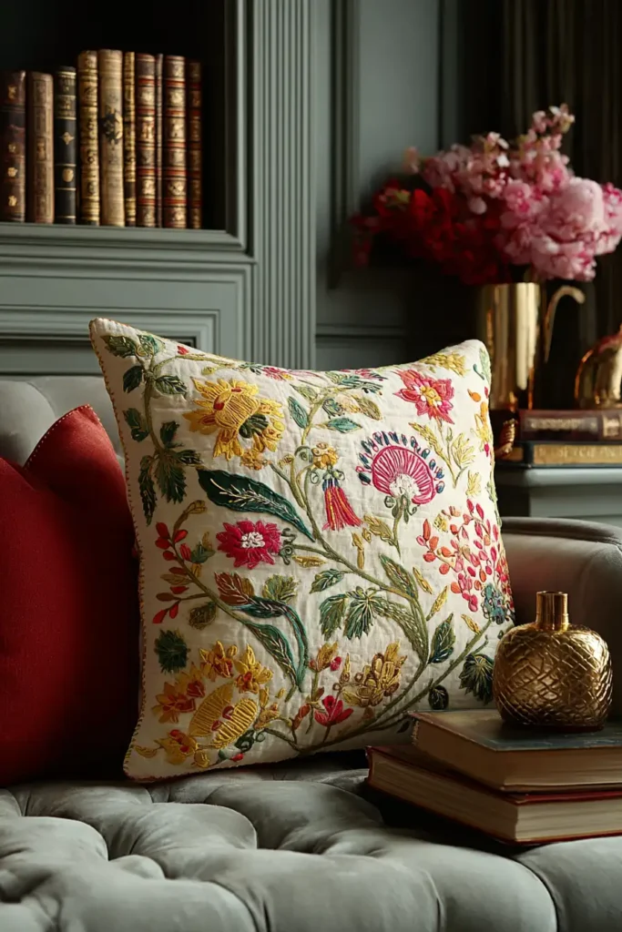 Decorative Running Stitch Nakshi Kantha Cushion Covers Inspired by Bengal Flower Markets