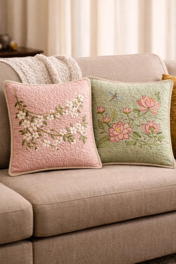 Decorative Running Stitch Nakshi Kantha Cushion Covers Inspired by Bengal Flower Markets