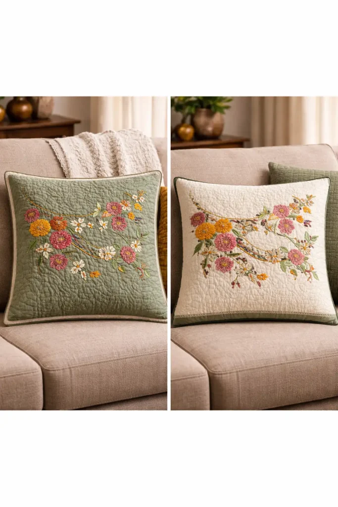 Decorative Running Stitch Nakshi Kantha Cushion Covers Inspired by Bengal Flower Markets