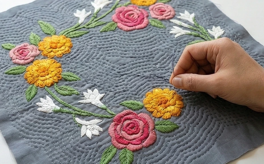 Decorative Running Stitch Nakshi Kantha Cushion Covers Inspired by Bengal Flower Markets