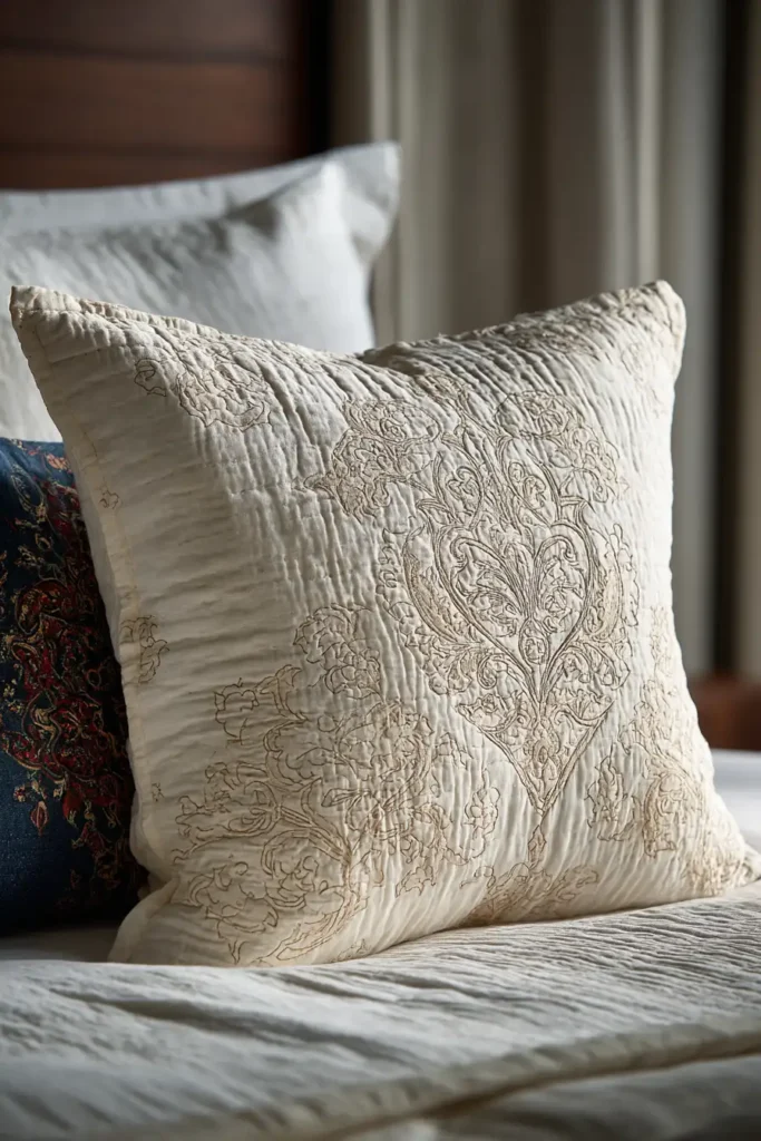 Decorative Running Stitch Nakshi Kantha Euro Shams for a Polished Bed Look