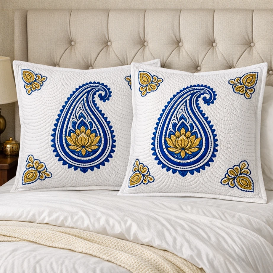 Decorative Running Stitch Nakshi Kantha Euro Shams for a Polished Bed Look