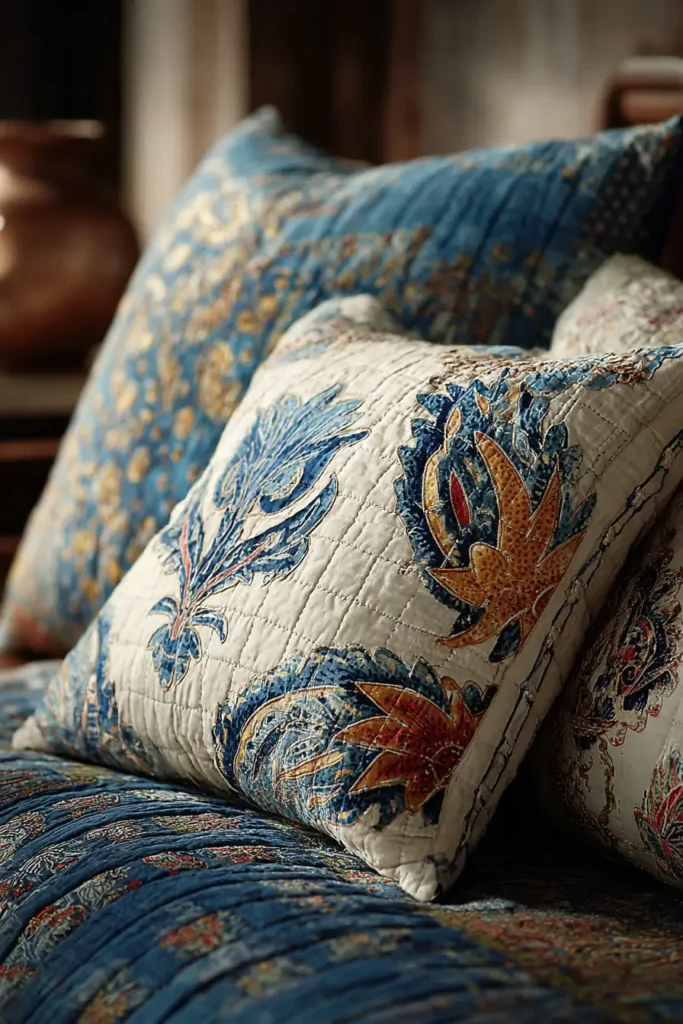 Decorative Running Stitch Nakshi Kantha Euro Shams for a Polished Bed Look