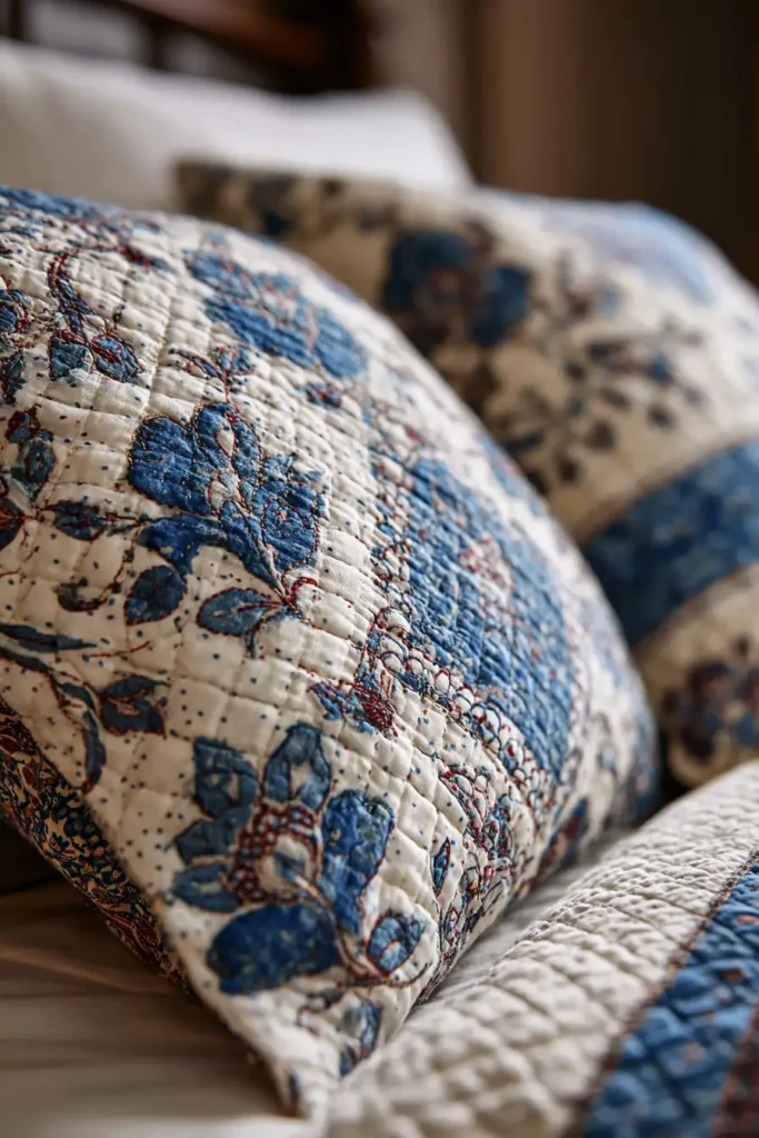 Decorative Running Stitch Nakshi Kantha Euro Shams for a Polished Bed Look