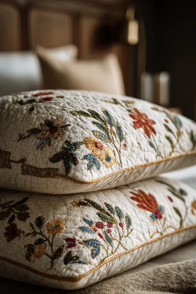 Decorative Running Stitch Nakshi Kantha Euro Shams for a Polished Bed Look