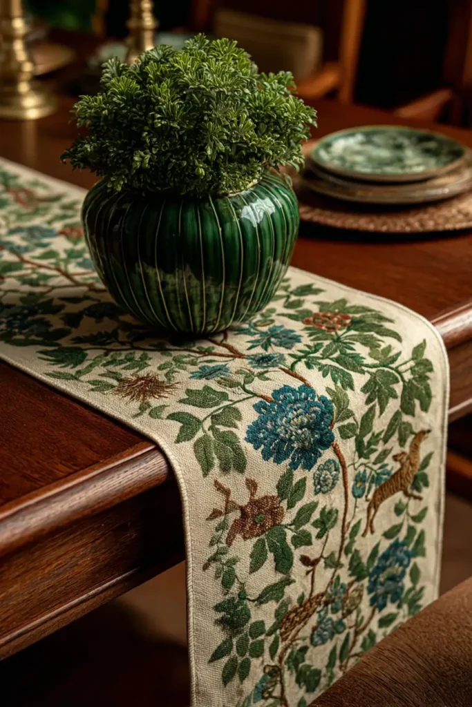 Elegant Cross-Stitch Nakshi Kantha Table Runners Featuring Wild Forests of Bengal Motifs
