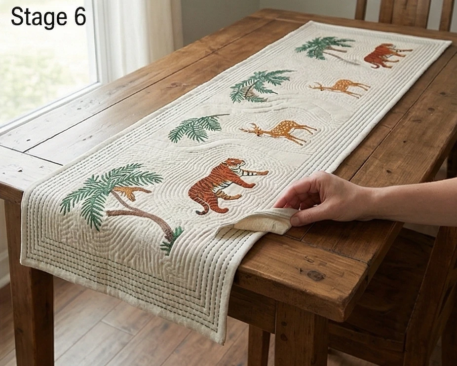 Elegant Cross-Stitch Nakshi Kantha Table Runners Featuring Wild Forests of Bengal Motifs