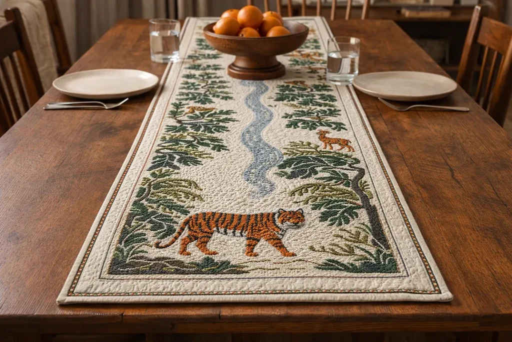 Elegant Cross-Stitch Nakshi Kantha Table Runners Featuring Wild Forests of Bengal Motifs