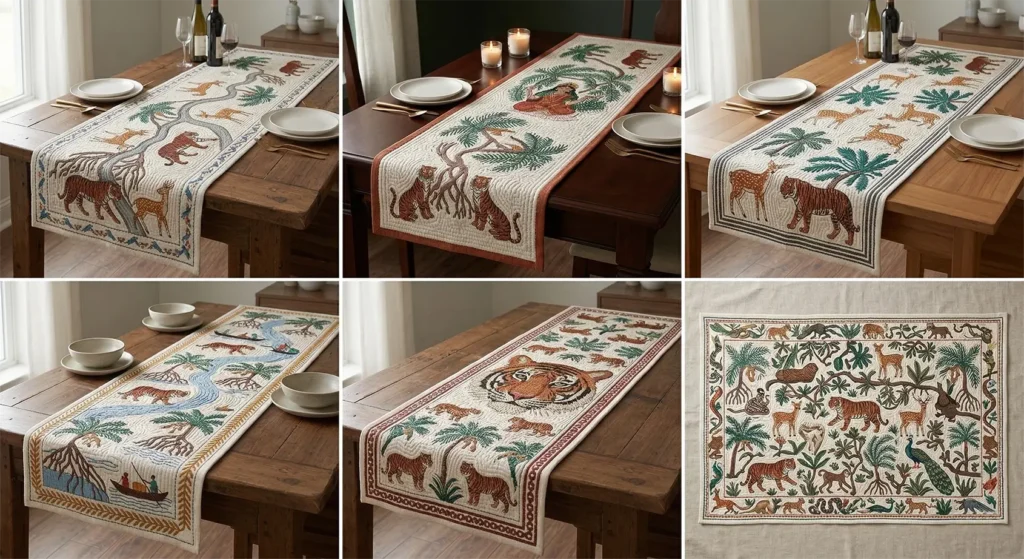 Elegant Cross-Stitch Nakshi Kantha Table Runners Featuring Wild Forests of Bengal Motifs