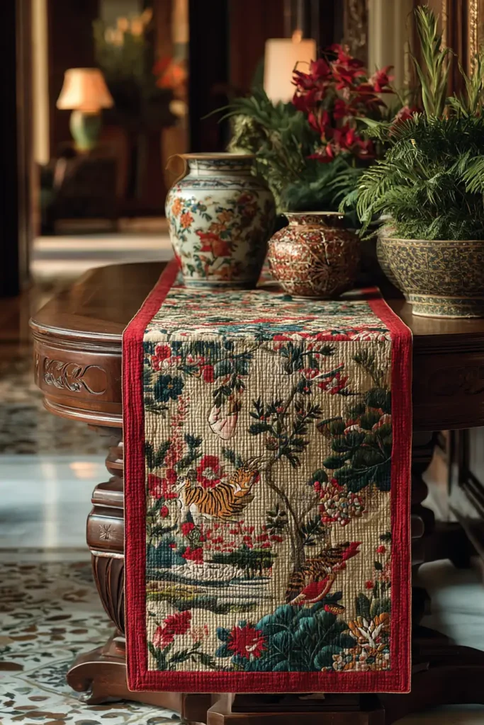 Elegant Cross-Stitch Nakshi Kantha Table Runners Featuring Wild Forests of Bengal Motifs