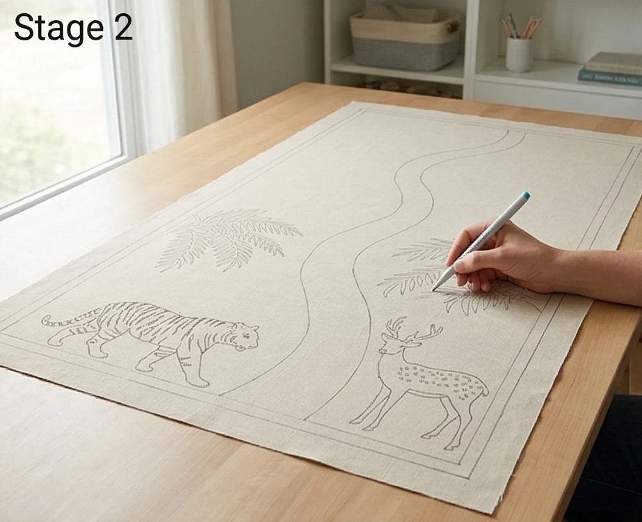 Elegant Cross-Stitch Nakshi Kantha Table Runners Featuring Wild Forests of Bengal Motifs