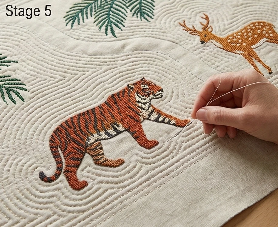 Elegant Cross-Stitch Nakshi Kantha Table Runners Featuring Wild Forests of Bengal Motifs