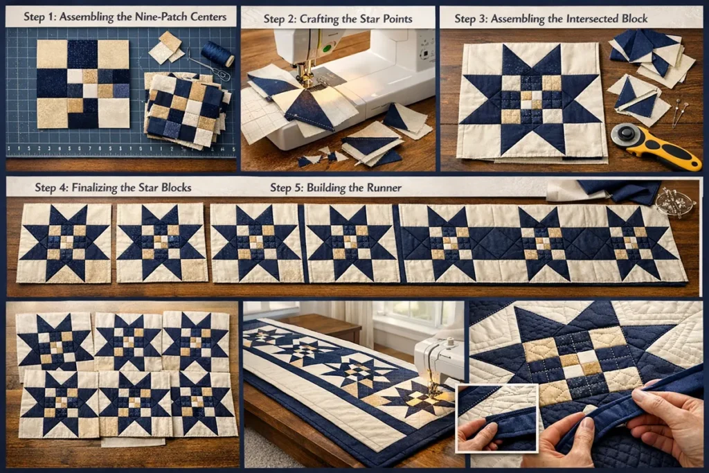 Elegant Star Pattern Intersected Nine Patch Bed Runners