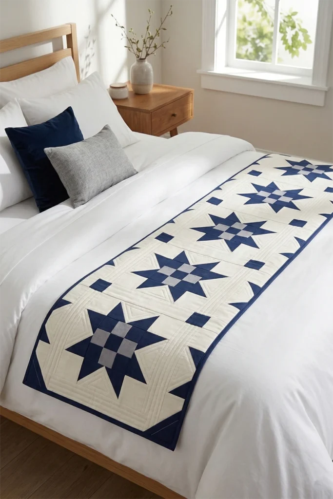 Elegant Star Pattern Intersected Nine Patch Bed Runners