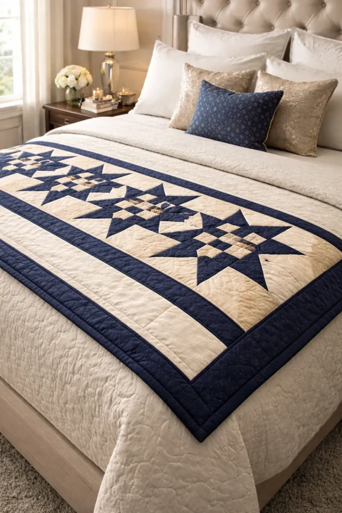 Elegant Star Pattern Intersected Nine Patch Bed Runners