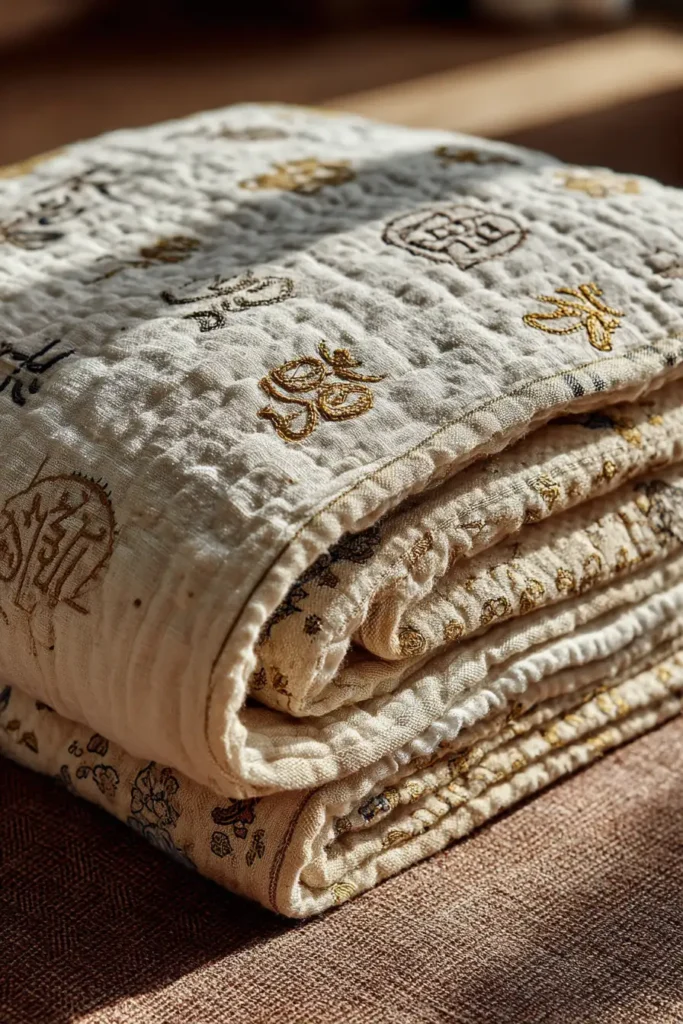 Elegant Sujni Kantha Bed Covers Woven with Meaningful Religious (Hindu) Symbols