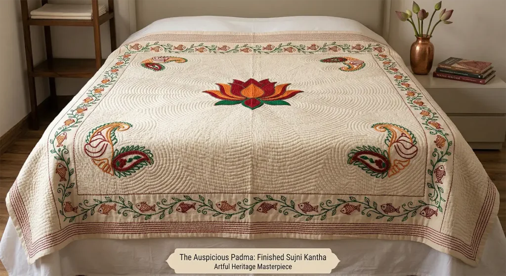 Elegant Sujni Kantha Bed Covers Woven with Meaningful Religious (Hindu) Symbols