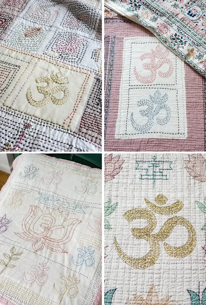 Elegant Sujni Kantha Bed Covers Woven with Meaningful Religious (Hindu) Symbols