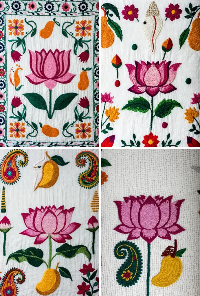 Elegant Sujni Kantha Bed Covers Woven with Meaningful Religious (Hindu) Symbols