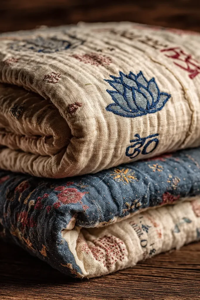 Elegant Sujni Kantha Bed Covers Woven with Meaningful Religious (Hindu) Symbols
