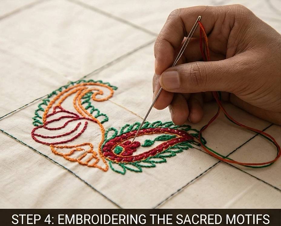 Elegant Sujni Kantha Bed Covers Woven with Meaningful Religious (Hindu) Symbols