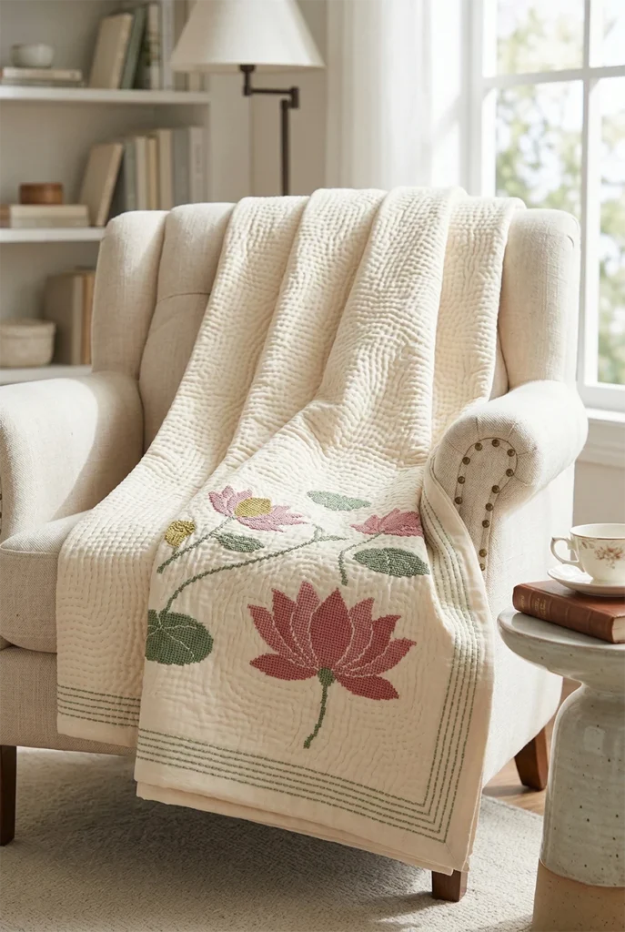 Hand-Stitched Cross-Stitch Nakshi Kantha Armchair Throws with Blooming Lotus Motifs