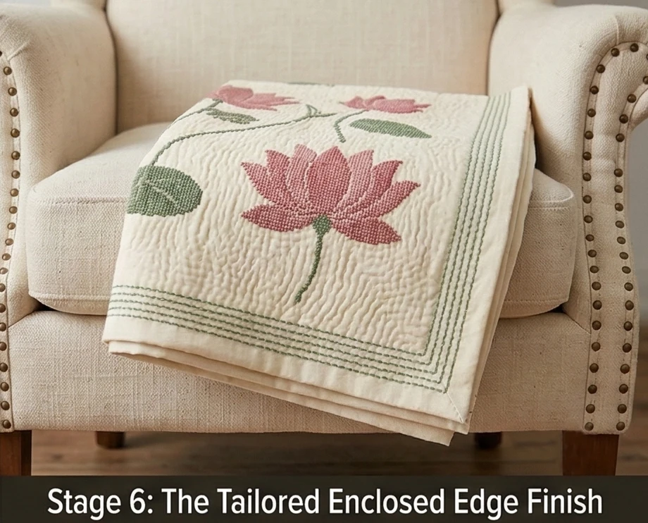 Hand-Stitched Cross-Stitch Nakshi Kantha Armchair Throws with Blooming Lotus Motifs