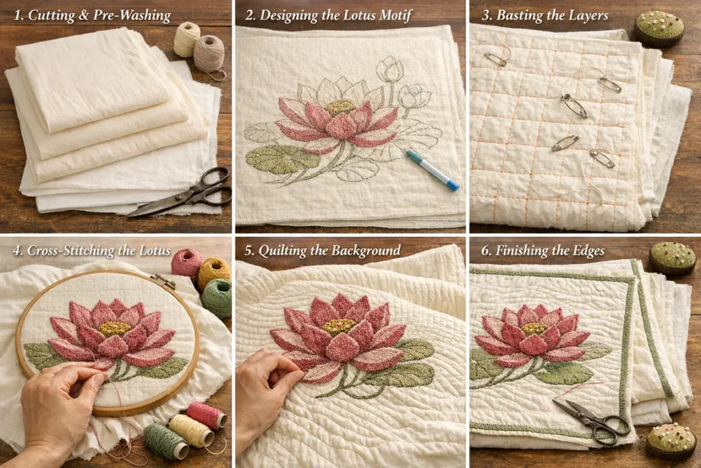 Hand-Stitched Cross-Stitch Nakshi Kantha Armchair Throws with Blooming Lotus Motifs