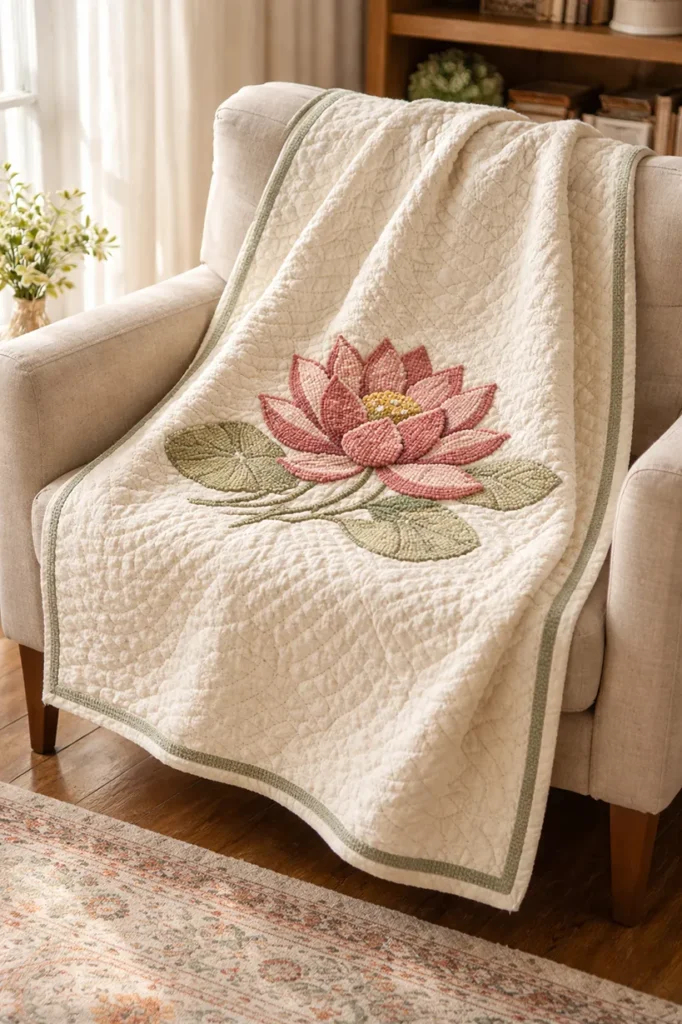 Hand-Stitched Cross-Stitch Nakshi Kantha Armchair Throws with Blooming Lotus Motifs