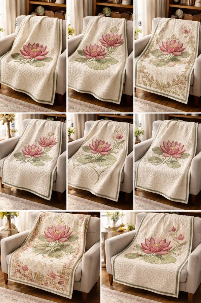 Hand-Stitched Cross-Stitch Nakshi Kantha Armchair Throws with Blooming Lotus Motifs