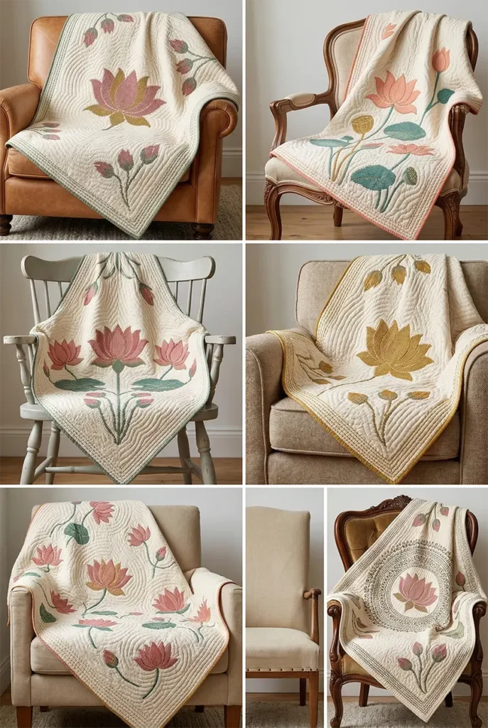 Hand-Stitched Cross-Stitch Nakshi Kantha Armchair Throws with Blooming Lotus Motifs