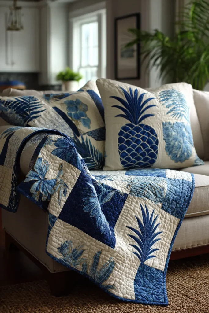 Hand-Stitched Nine Patch Couch Throws Featuring Hawaiian Appliqué Accents