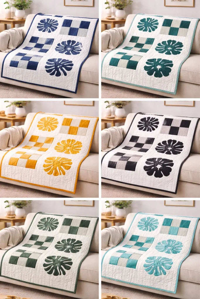 Hand-Stitched Nine Patch Couch Throws Featuring Hawaiian Appliqué Accents