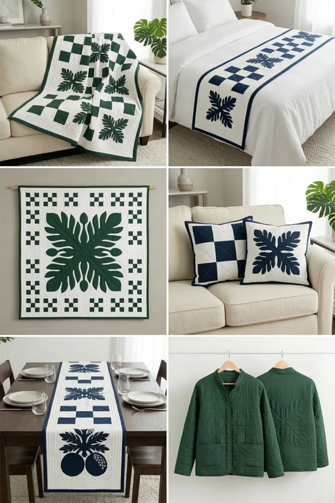 Hand-Stitched Nine Patch Couch Throws Featuring Hawaiian Appliqué Accents