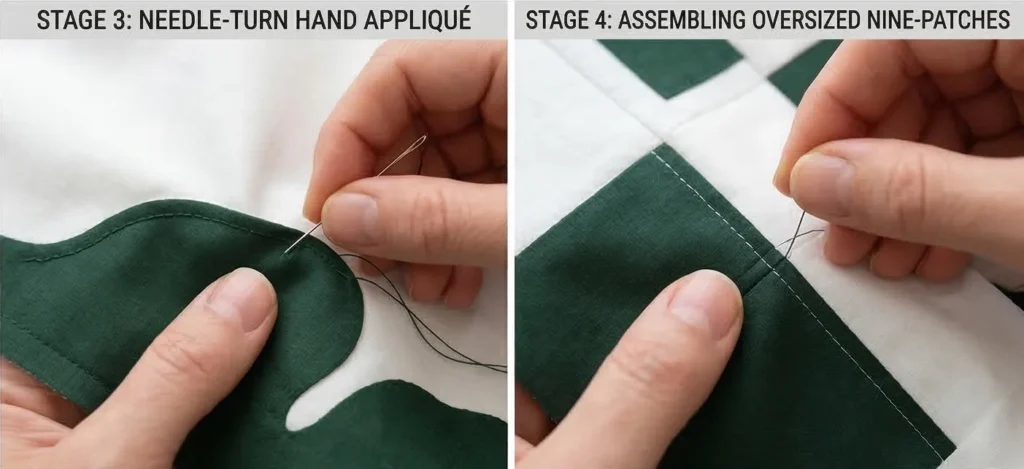 Hand-Stitched Nine Patch Couch Throws Featuring Hawaiian Appliqué Accents