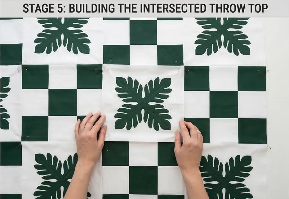 Hand-Stitched Nine Patch Couch Throws Featuring Hawaiian Appliqué Accents