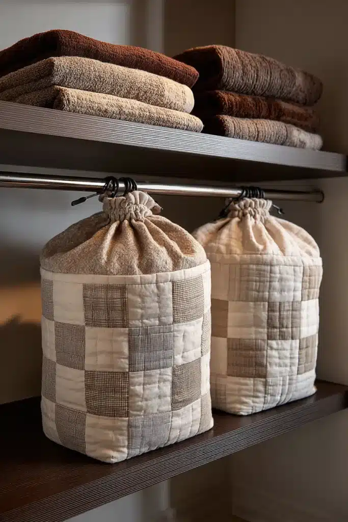 Hanging Minimalist Contemporary Quilt Laundry Hampers with Sleek Drawstrings