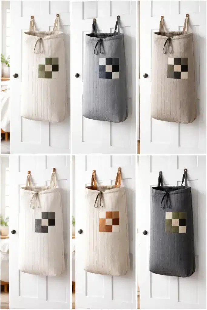 Hanging Minimalist Contemporary Quilt Laundry Hampers with Sleek Drawstrings
