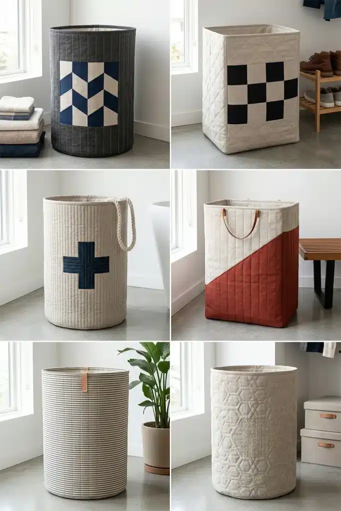 Hanging Minimalist Contemporary Quilt Laundry Hampers with Sleek Drawstrings