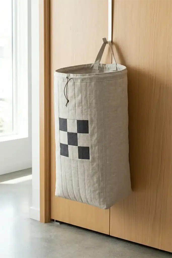Hanging Minimalist Contemporary Quilt Laundry Hampers with Sleek Drawstrings