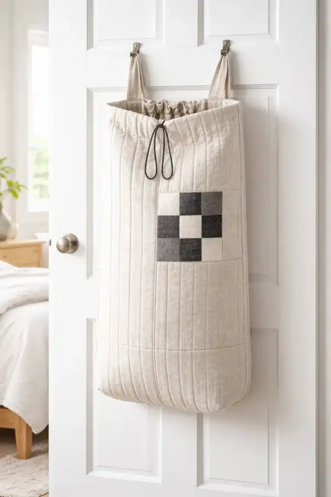 Hanging Minimalist Contemporary Quilt Laundry Hampers with Sleek Drawstrings
