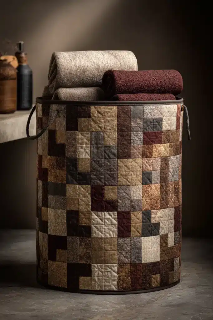 Hanging Minimalist Contemporary Quilt Laundry Hampers with Sleek Drawstrings