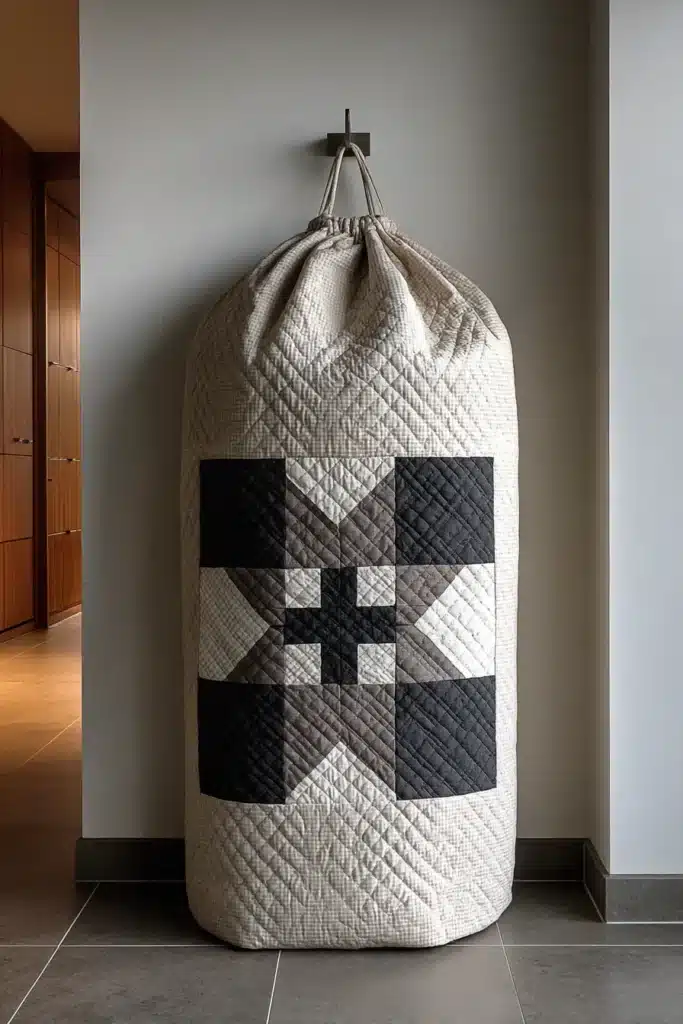 Hanging Minimalist Contemporary Quilt Laundry Hampers with Sleek Drawstrings