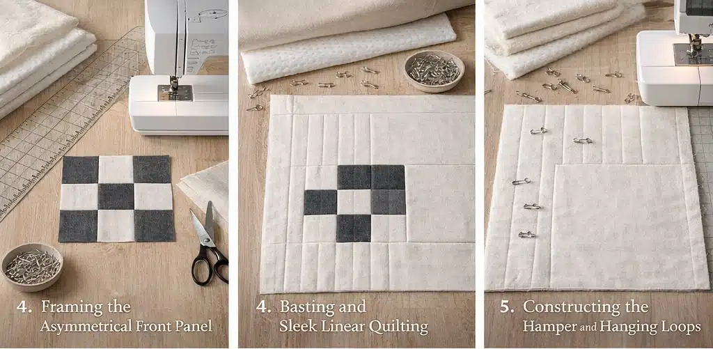 Hanging Minimalist Contemporary Quilt Laundry Hampers with Sleek Drawstrings